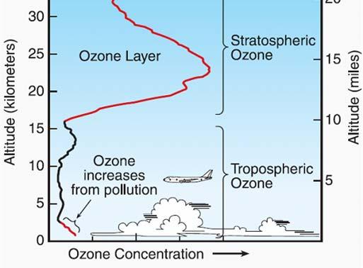 . Ozon se prvenstveno nalazi u dva područja atmosfere: Oko 10% atmosferskog ozona je u troposferi, odnosno u sloju, udaljenom od površina Zemlje oko 10-16 kilometara (km).