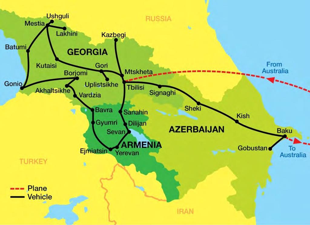 THE CAUCASUS ITINERARY GEORGIA Day 1, Monday 11th Jun IN TRANSIT Depart Sydney or Melbourne for your flight to Tbilisi, capital city of Georgia. All flights to be confirmed.