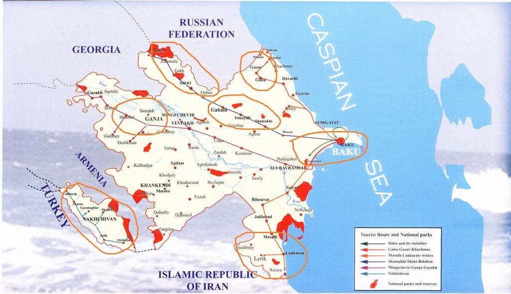 AZERBAIJAN TOURIST DESTINATIONS MAP TOURISTIC REGIONS BAKU - ABSHERON