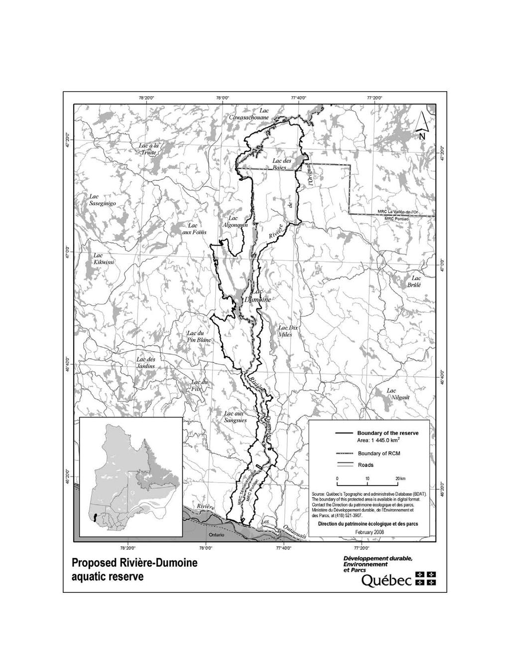 Appendix 1 Proposed Rivière-Dumoine aquatic reserve Boundary of the reserve Area: 1 445.0 km 2 Boundary of RCM Roads 10 20km Source: Québec's Tpogaptic and admiimiye Dalabase (BOAT).
