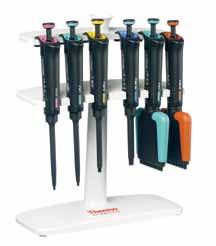 The pipette can be stored in an upright position or in a horizontal position. The stand has a small footprint and can accommodate all multichannel Thermo Scientific Finnpipettes.