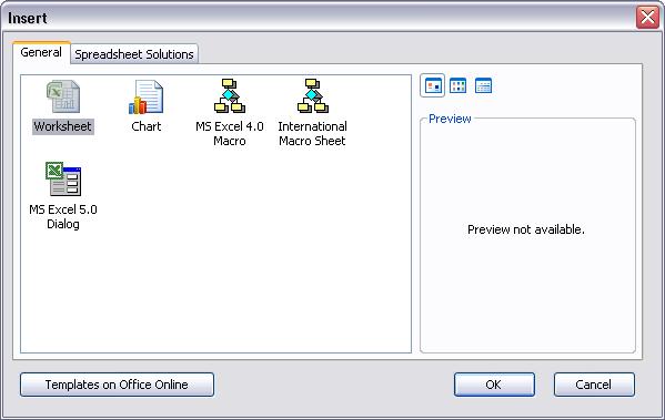 Slika 58: Okvir za dijalog Insert Radni list je moguće obrisati tako što se klikne desnim tasterom miša na njegovu karticu i iz kontekstualnog menija izabere komanda Delete.