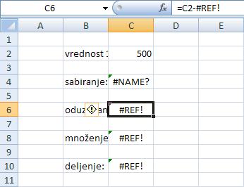 9. Kliknuti desnim tasterom miša na broj reda 3 i iz kontekstualnog menija izabrati komandu Delete Red broj 3 je obrisan. U ćelijama C6, C8 i C10 je prikazana vrednost #REF!