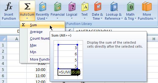 Slika 73 Excel nudi da lista argumenata funkcije SUM bude opseg ćelija D3:D11 (slika 74) Slika 74 4. Pritisnuti taster Enter Ćelija D12 sad sadrži formulu =SUM(D3:D11) i prikazuje vrednost 126. 5.
