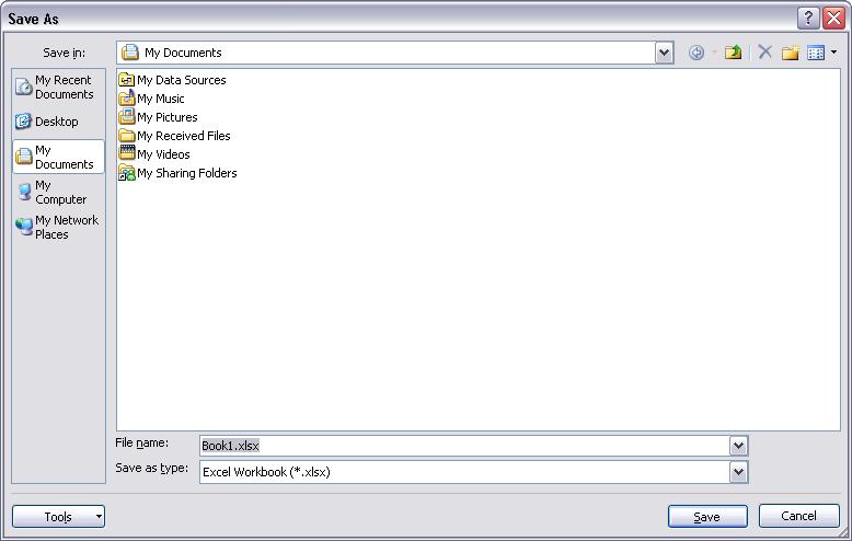 Slika 5: Okvir za dijalog Save As 2. Pozicionirati se na folder u kome se želi da se snimi fajl 3. U polje File name uneti naziv fajla Sveska1 4.