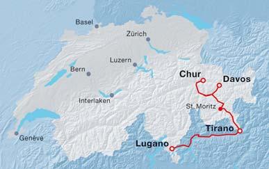 The journey is by scenic rail between Davos and Tirano and scenic bus between Tirano and Lugano.