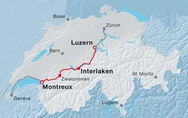 Luzern-Interlaken Express Lucerne-Interlaken 2 hours. Interlaken to Montreux 3 hours. Available all year.