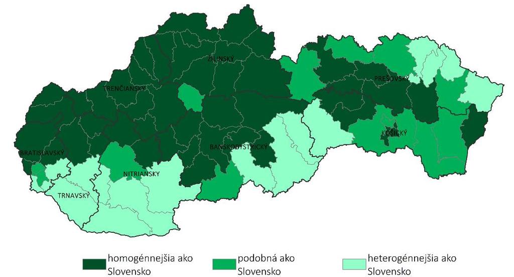 Obr. 44, 45 a 46: Diverzifikácia národnostnej štruktúry v okresoch Slovenska v rokoch 1900, 1950 a 2011