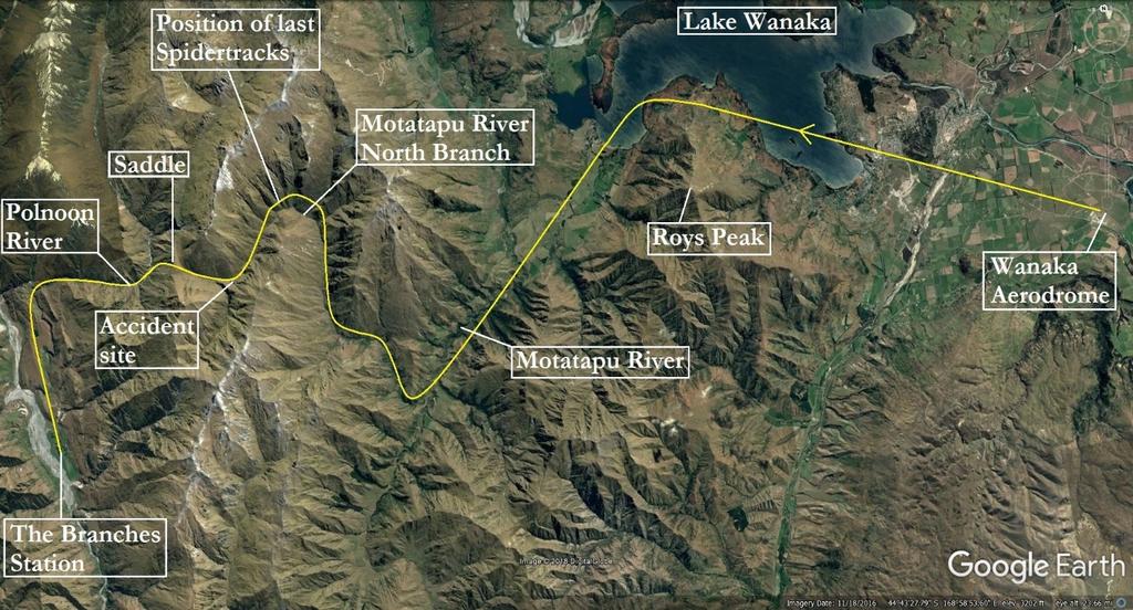Figure 1: Intended route from Wanaka Aerodrome to The Branches Station On the day of the accident, the pilots reportedly discussed the weather and their