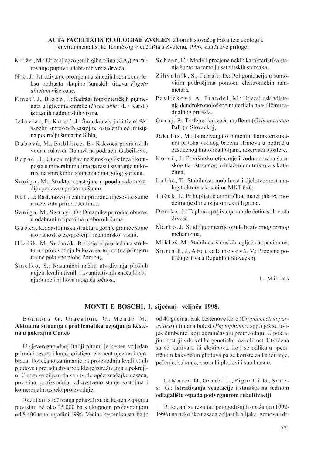 ACTA FACULTATIS ECOLOGIAE ZVOLEN, Zbornik slovačog Fakulteta ekologije i environmentalistike Tehničkog sveučilišta u Zvolenu, 1996. sadrži ove priloge: Kri žo, M.