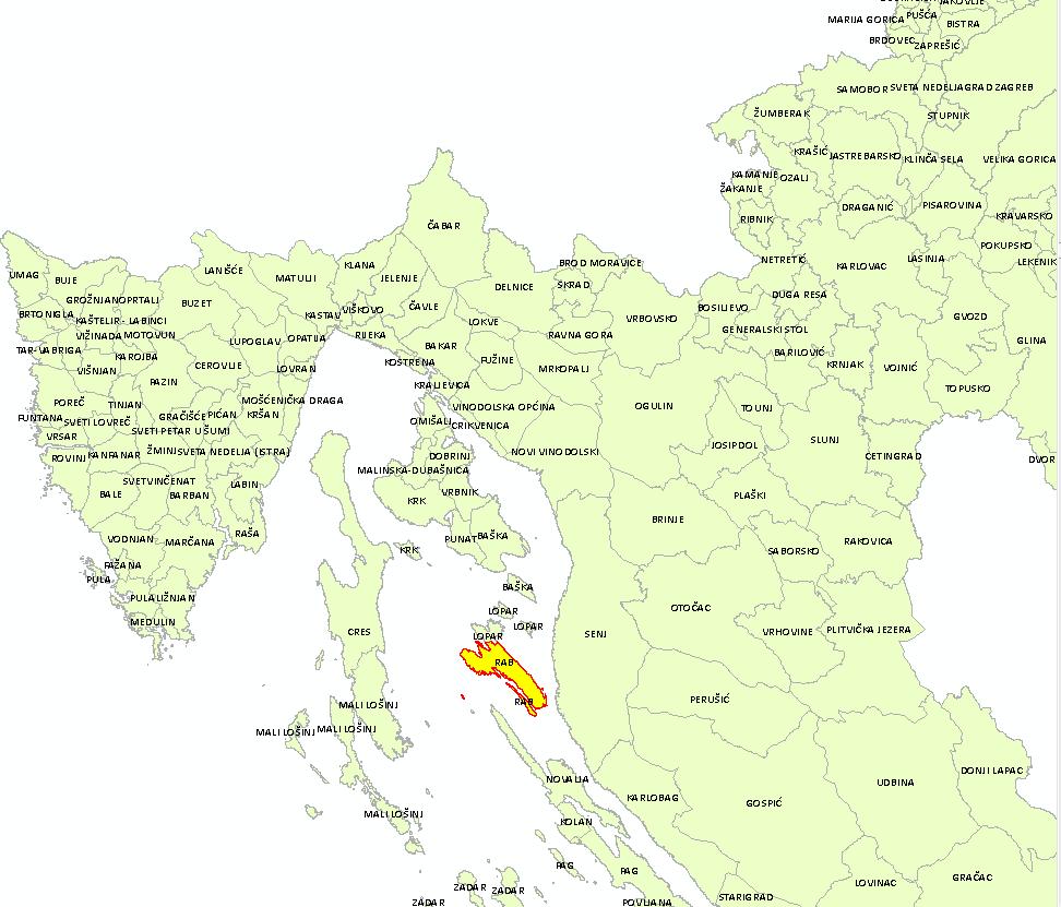 Slika 3-1 Položaj Grada Raba u Republici Hrvatskoj (Izvor: DGU) Područje Grada Raba obuhvaća prostor od 76,42 km² otočnog prostora (2,13% prostora Primorsko-goranske