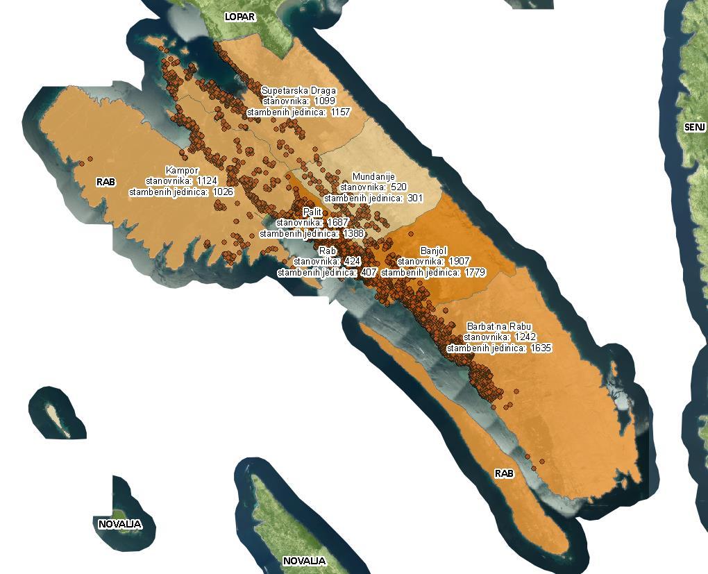 Slika 3-3 Distribucija stanovništva i stambenih jedinica po naseljima