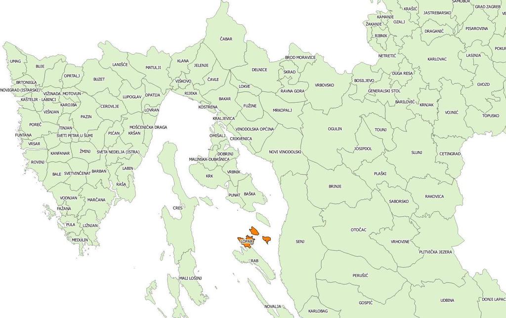 Slika 3-5 Položaj Općine Lopar u Republici Hrvatskoj (Izvor: DGU) Površina kopnenog dijela Općine zauzima 26,2 km² (14,76% ukupne površine otoka Raba) dok je