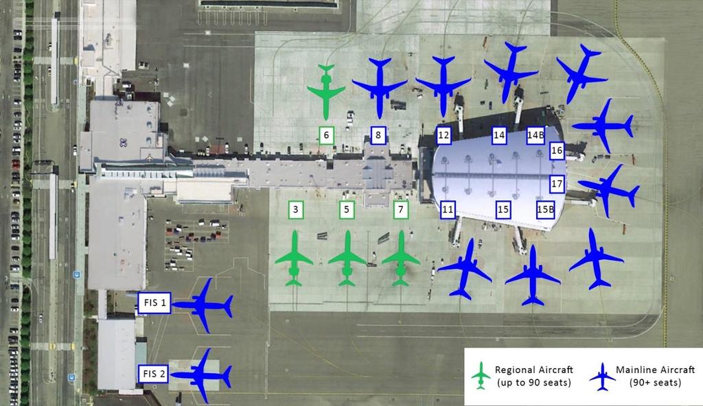 Figure 5-11 Existing Aircraft Parking Positions Source: InterVISTAS, October 2017. Figure 5-12 shows the design day flight schedule for PAL 3. The peak hour for operations is highlighted in green.