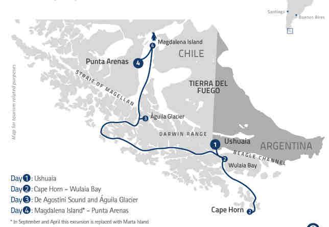 Itinerary 2: Ushuaia Punta Arenas Route, Stella Australis (3 nights) On this 4-day itinerary between Ushuaia (Argentina) and Punta Arenas (Chile), the M/V Stella Australis will take you on an amazing