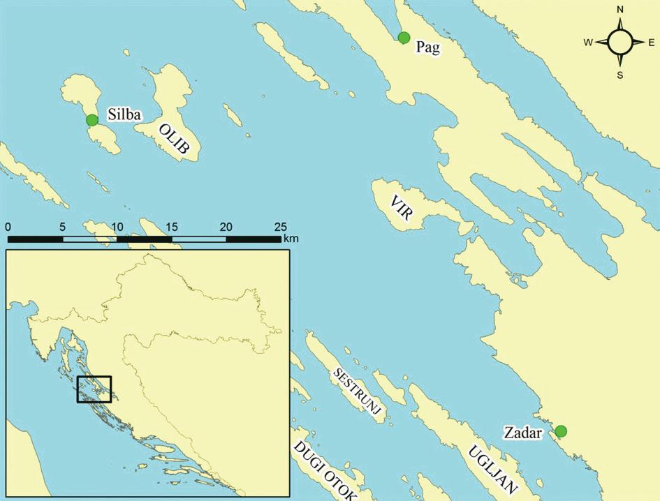 Otok Vir Slika 1. Geografski položaj otoka Vira i analiziranih klimatoloških postaja 2004., 12, 20). Dug je 10,12 km, a širok 4,25 km (na najširem dijelu) (Magaš, 1977).