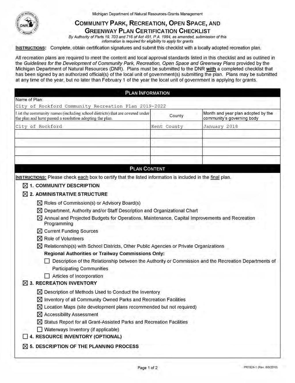 MDNR Certification Checklist 2019 Draft 12-3-18
