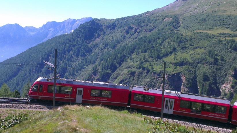 This stretch of line, the Albula Line, is a marvel of railway engineering, and is a UNESCO World Heritage Site. The Albula Tunnel takes the line into the valley of the Inn near St. Moritz.
