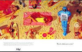 Intel - Oglas: Plaža Prvi izmed številnih tiskanih oglasov kampanje Bunny People, ki je promoviral bogatejše barve, ki jih Intelov Pentium processor z MMX tehnologijo lahko proizvede.