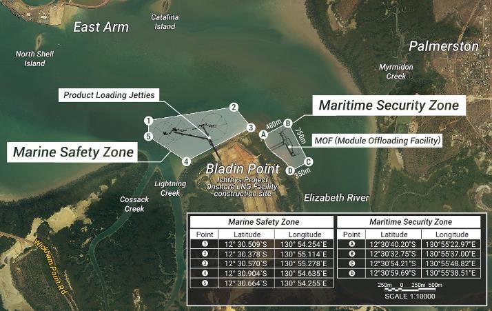 Please obey the 250 metre marine safety zone Please also check the Mariners Notices regarding the maritime security zone The MOF is now operational and subject to all maritime security regulations