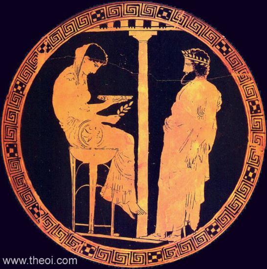 5 cm Aigeus is named by inscription, as is the prophetess, seated on the Delphic tripod like the Pythia, but identified