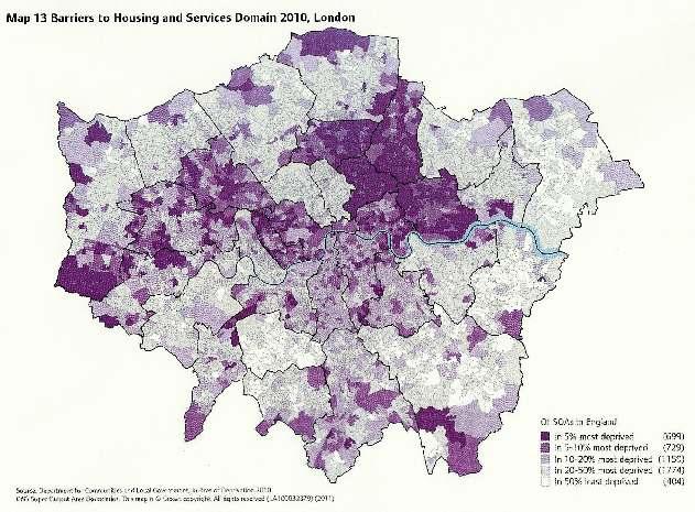 Housing: poor housing stock Light pink is among worst 15-20% deprivation in England, mauve is in worst 5%.