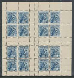 (29) COMMONWEALTH OF AUSTRALIA - Other Pre-Decimals 750 Lot 150 150 */** A/A- 1928 International Philatelic Exhibition 3d Kookaburra block of 4 M/Ss, one hinge remainder in right margin, paper