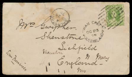 [A fine example sold for $1320 at a Sydney auction in -/11/2011] QUEENSLAND - Postal History 750T 379 C B WESTERN AUSTRALIA Ex Lot 379 1879 cover to England via San Francisco