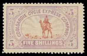 Prestige Philately - Auction No 175 Page: 5 WESTERN AUSTRALIA (continued) Ex Lot 511 511 * A/B LOCAL STAMPS: 1896 Coolgardie Cycle Express Co (Camels) 6d green & brown (minor stains) to 5/- violet