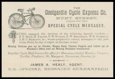 [Similar sets sold for $850 & $661 at our auctions of 12/6/2010 & 17/2/2012] (3) 600T Lot 512 512 C A+ LOCAL STAMPS: 1896 Coolgardie Cycle Express Co illustrated advertising card, unused. Superb!