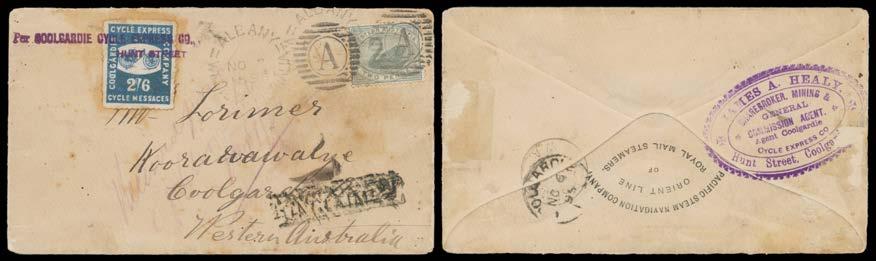 1,500T 514 C C Lot 514 LOCAL STAMPS: 1895 (Nov 2) Orient Line (imprint on the flap) cover to "Koorawawalye/Coolgardie Road" with 2d grey tied by 'ALBANY - A' duplex & 'COOLGARDIE/NO6/95/WA'