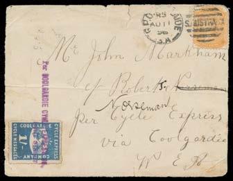 Prestige Philately - Auction No 175 Page: 6 WESTERN AUSTRALIA (continued) 515 C C Lot 515 LOCAL STAMPS: 1896 (Aug 11) cover front from South Australia to "Norseman/per Cycle Express/via Coolgardie"