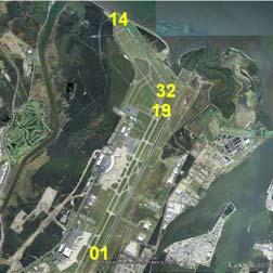 This means that on Runway 01, aircraft arrive over suburbs to the south of the airport and take off over water to the north.