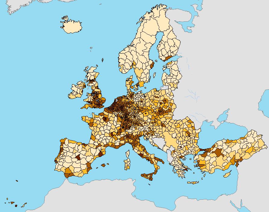 Population density KEY: Darker brown = higher population density Lighter brown = lower population density Source: Eurostat 2014