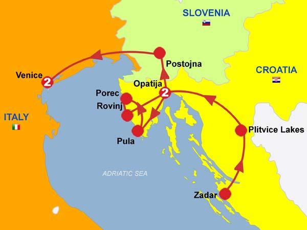 tours Service charges and hotel taxes SIGHTSEEING TOURS INCLUDED: Plitvice Lakes Opatija Postojna Venice ITINERARY: Day 1, Zadar - Plitvice Lakes - Opatija, Saturday Journey north from Zadar, and