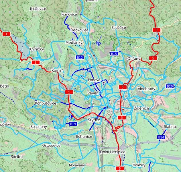 Obr. 6: Mapa cyklotrás v okolí mesta Brno; zdroj [f] (červená -