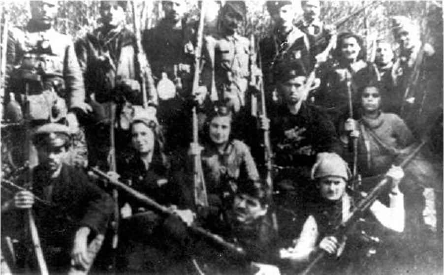Inscription on the back of the photograph: The Macedonian Goce Delchev Brigade. The picture includes four Jewish women: 1. Estreja Ovadja (national hero). 2. Estreja (Estella) Levi. 3.