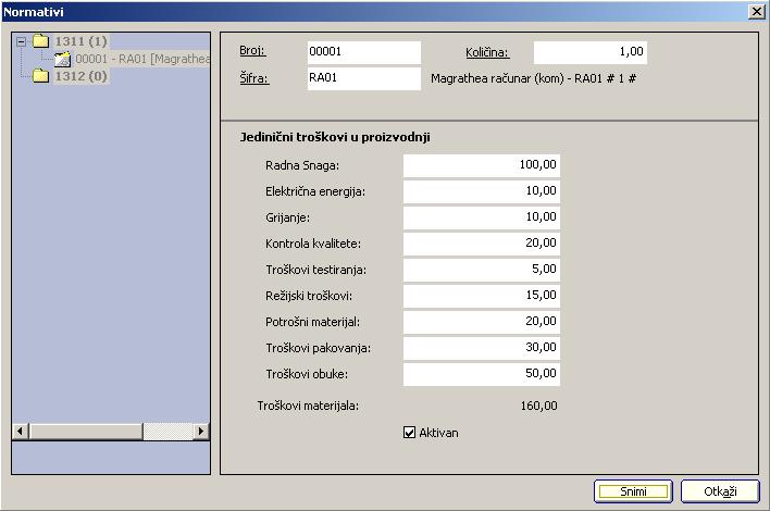 Korisničko uputstvo za Line.Sys Slika 6.81. Prozor sa prikazom detalja za odabrani normativ Prozor za unos podataka o materijalnim troškovima za proizvođeni artikl je prikazan na slici 6.82.