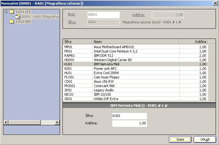 Proizvodnja Prozor za unos podataka o stavkama koje se ugrađuju u proizvođeni artikl je prikazan na slici 6.83.