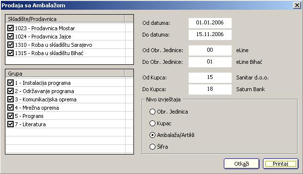 Korisničko uputstvo za Line.Sys Pokretanje opcije Statistika Kupac/Dobavljač rezultira u prikazu prozora za odabir parametara neophodnih za formiranje izvještaja.