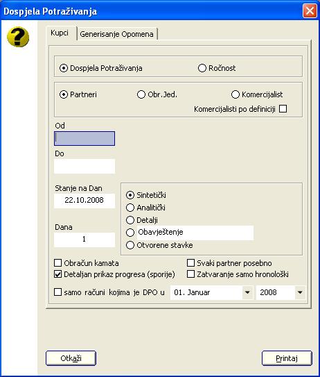 Korisničko uputstvo za Line.Sys ekvivalentna opcija Dospjele obaveze, postoji i za dobavljače. Pokretanjem opcije, prikazuje se prozor prikazan na slici 3.14. 78 Slika 3.