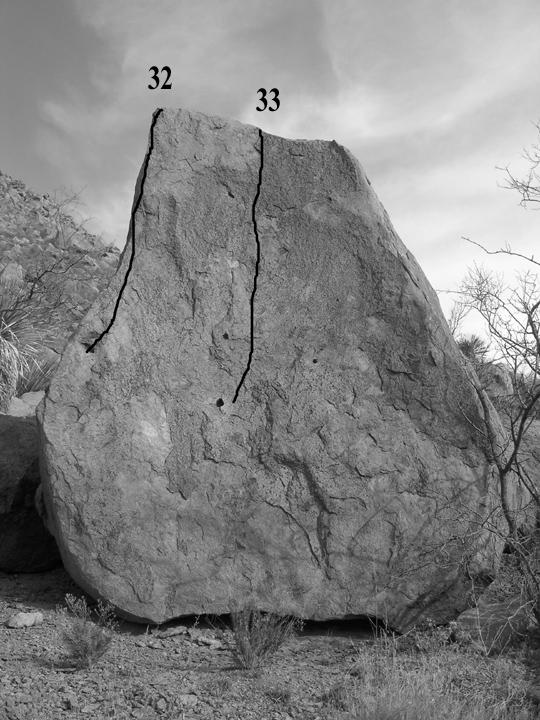 The Sliced Pear The surprisingly pocketed block just up the hill and South from Asking for Cactus. 32. Just Ripe V0 * Climb the arête. 33.