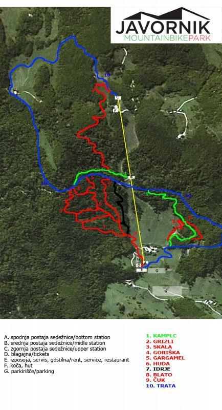 Slika 1. Slika prog v MountainBike Parku Javornik (Setup production, 2016). Slika 1 prikazuje zemljevid prog, njihov potek in z barvo označeno težavnost prog v MountainBike Park Javornik.