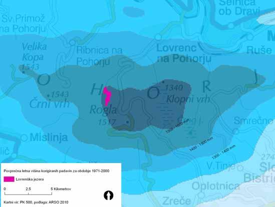 Slika 10: Povprečne letne višine padavin za območje ovršja Pohorja Vir: MOP-Agencija RS za okolje, september 2008 (http://gis.arso.gov.si/mpportal/) 2.10. Hidrološke razmere Hidrološke razmere so najtesneje povezane z neprepustno kameninsko podlago.