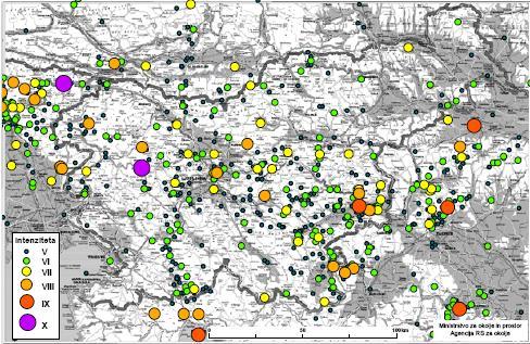 Slika 3: Potresi z nadžariščno intenziteto V EMS ali več (Vir: ARSO, spletna stran) Ljubljanski ali velikonočni potres je nastal 14. aprila 1895 ob 20.17 po svetovnem času.
