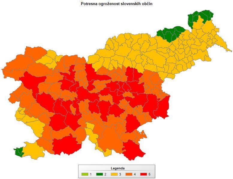 Slika 4: Potresna ogroženost slovenskih občin 1- majhna, 2- srednja, 3- velika, 4- zelo velika 1, 5- zelo velika 2 Razvrščanje regije Razvrščanje regij v posamezne razrede je prvenstveno izvedeno