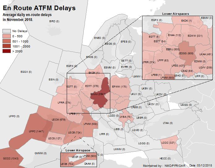 3. EN-ROUTE ATFM DELAYS EN-ROUTE ATFM DELAY PER LOCATION % total ATFM delay 12% 1 8% 6% 4% 2% 2841 1447 1343 938 93 Top 2 delay locations for en-route delays in November 218 87 679 5 461 437 378 374