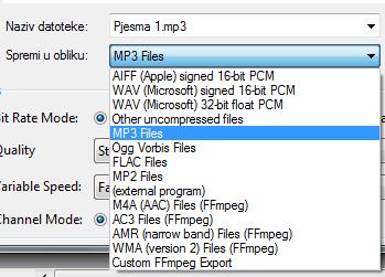 Ako želite gotov zvučni zapis koji ćete preslušavati npr. u Windows Media Playeru, tada datoteku morate spremiti u nekom od formata pogodnim za to.