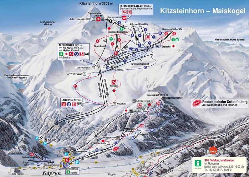 Kitzsteinhorn, Kaprun - 41km skiing Skiing The Kitzsteinhorn ski area offers 41km of skiing on the doorstep with 13km of blue runs, 25km of red runs and 3km of black runs.