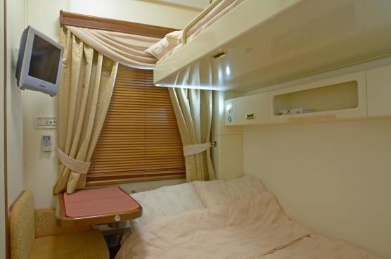 DELUXE GOLD CABIN Cabin Size : 2,00 x 3,50 m = 7,0 sqm Lower Beds : 120 x 185 cm Upper Beds : 80 x 185 cm Gold sleeping cars have a private toilet, wash basin